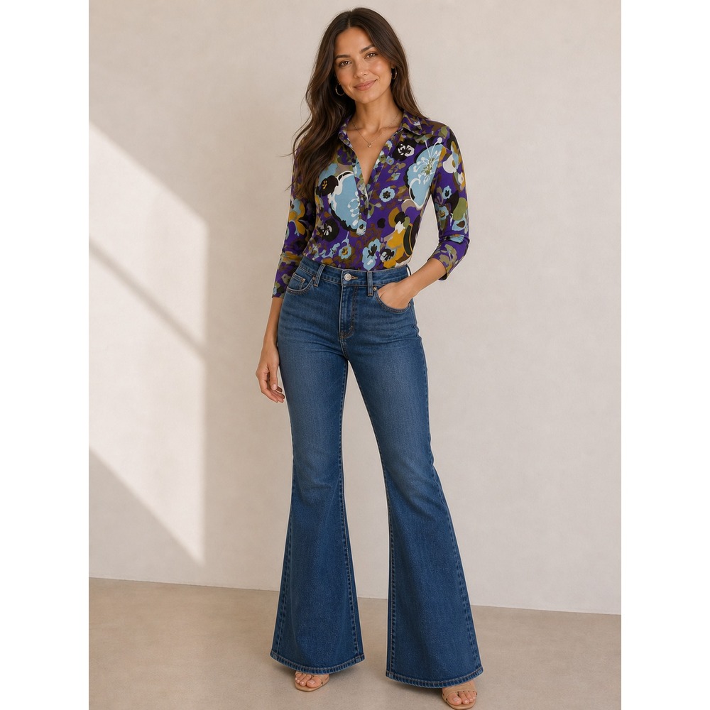 Tory Burch Silk Blouse Women XS Purple Bold Retro Mod Floral Long Sleeve Top